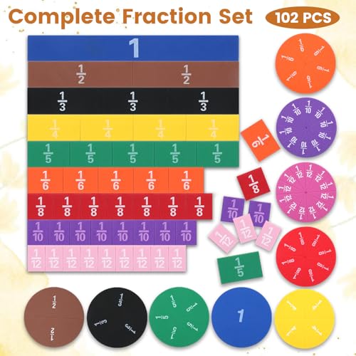 102 PCS Magnetic Fraction Tiles, Fraction Circles & Bars Set Rainbow Math Manipulatives for Fraction Learning Math Practice Teacher Must Haves - size: Fraction Pieces Round and Square