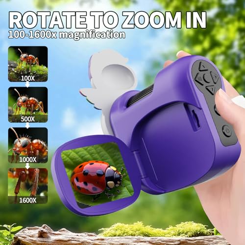 1600X Handheld Microscope for Kids 2" IPS Screen Kit Mini Pocket Digital Microscopes STEM Science with Slides Photo Video Rechargeable Portable Scope Gift for Ages 6-12 (Purple) - color: Purple