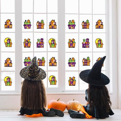 Renbuzhu 36PCS Halloweens Crafts Bulk: Haunted House Paper Suncatchers DIY Kit Party Activities Decorations, Window Stained Glass Effect Art Supplies - style: haunted house