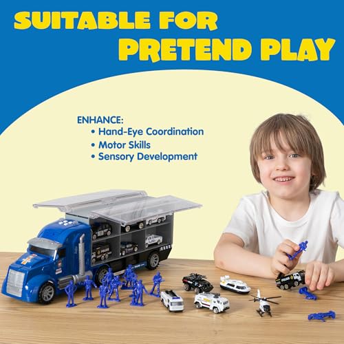 JOYIN 25 in 1 Police Rescue Truck Car Toy Set with Sounds and Lights, Mini Vehicles in Carrier Truck, Play Police Patrol Rescue Vehicle Toy, Birthday Gifts for Over 3 Years Old Boys - style: Police Truck
