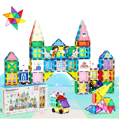 PicassoTiles Mega Magnetic Building Block 350 Piece Set Magnet Tile Construction Blocks with Car Base, Character Figures, Markers, Whiteboard, 110+ Page Ideabook Included for Ages 3 Up STEM Learning - color: 350 Pcs With Car and Figures