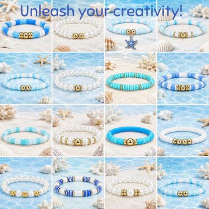 Ocean Theme Clay Beads Kit for Bracelet Making, 3000Pcs Blue White Polymer Heishi Beads Set with Starfish Shell Charms Pearls, DIY Jewelry Making Kit for Summer Beach Crafts - color: style 03