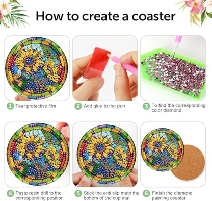 8 Pcs Diamond Art Coasters Kit for Adult with Holder, Diamond Coaster 4x4in - color: Flowers Coasters-E, size: 8 Pcs 4x4in
