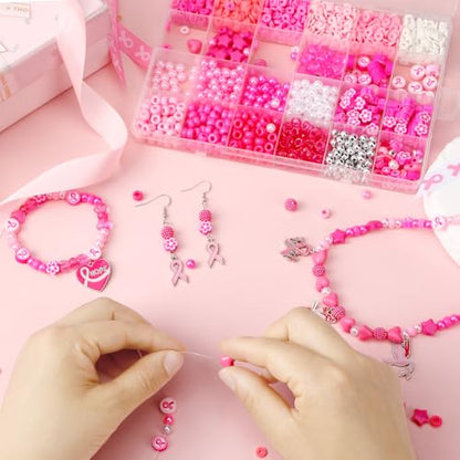 UPINS 2100Pcs Breast Cancer Awareness Beads Kit for Jewelry Making Bracelet - color: Pink