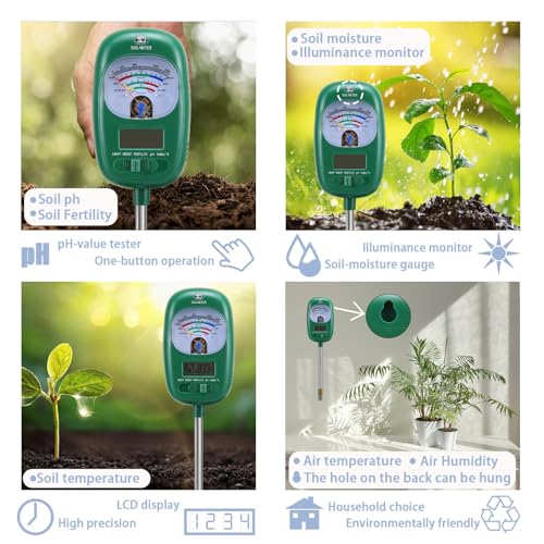 7-in-one Soil Test Kit, Soil Moisture Meter/PH Meter/Sunlight Intensity/Fertility Soil Tester, LCD Display Air & Soil Hygrometer Temperature for Hous Plants Garden, Farm, Lawn Care Moisture Meter - color: Jade