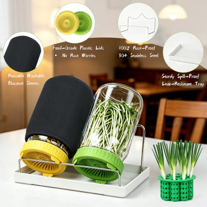 Seed Sprouting Kit & Green Onion Regrower, 2×32 Oz Wide-Mouth Mason Jars, Sprouter Lids, Stainless Steel Stand, Sprout Tray & Light Shield, Ideal for Sprouts, Broccoli, Alfalfa & Microgreens - color: Yellow + Green + Green Onion Regrower