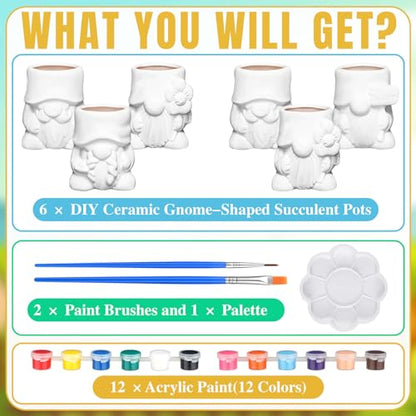 Beeveer 6 Sets Paint Your Own Gnomes Succulent Planter Cute Mini Unpainted Flower Pots DIY Paintable Succulent Pots for Christmas Classroom DIY Craft Project Activity - style: Gnome