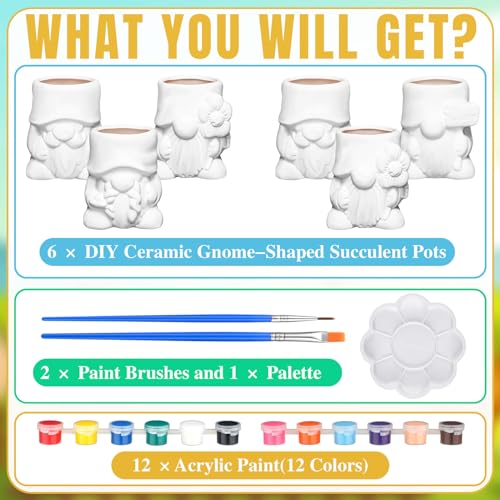 Beeveer 6 Sets Paint Your Own Gnomes Succulent Planter Cute Mini Unpainted Flower Pots DIY Paintable Succulent Pots for Christmas Classroom DIY Craft Project Activity - style: Gnome
