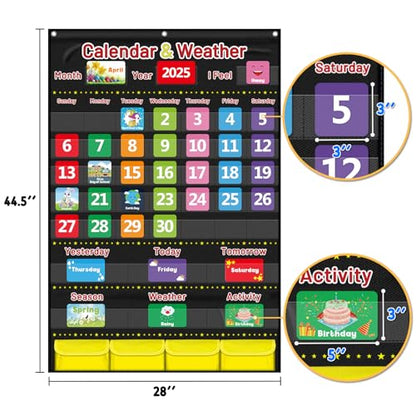 Calendar and Weather Pocket Chart for Kids Learning, Large 44.5”x28” Homeschooling Calendar Pocket Chart with 113 Cards, Teacher and Back to School Supplies - color: Black