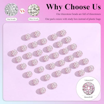 Dowarm 255PCS 10mm Rhinestone Beads, Pink Rhinestone Clay Beads for Baseball Necklace Bracelet Jewelry Making Crafts Beaded Pen, Round Polymer Clay Shamballa Pave Disco Diamond Bead - color: 02-Pink