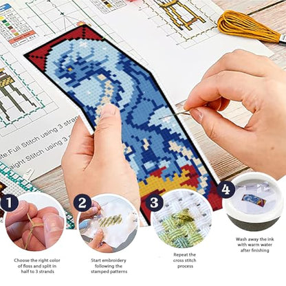 ACRNIGHEET 6PCS Cross Stitch Bookmark Kit for Beginner Dragon Stamped Cross Stitch Kits Needlepoint Kit for Adults DIY Tassel Embroidery Bookmark Kits with Instructions Craft Gift 8.5''x3'' 11CT - style: Dragon Patterns