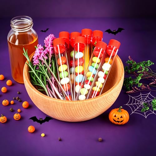 50 Pcs 16 x 100 mm Clear Plastic Test Tubes with Caps and Rack, 12 ml Laboratory Tubes and Holder Set for Science Experiments, Classroom, Nurse Graduation Decor, and Halloween Party Favors