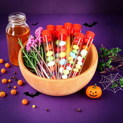 50 Pcs 16 x 100 mm Clear Plastic Test Tubes with Caps and Rack, 12 ml Laboratory Tubes and Holder Set for Science Experiments, Classroom, Nurse Graduation Decor, and Halloween Party Favors