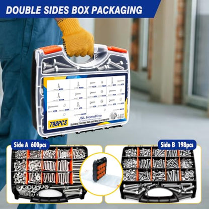798PCS Stainless Steel Nuts and Bolts Kit, SAE Hex Bolts with Nuts, Flat & Lock Washers, 1/4"-20 5/16"-18 3/8"-16 1/2"-13, 1/2"-13, Carrying Case - color: Silver-798PCS 1/4-20,5/16-18,3/8-16,1/2-13