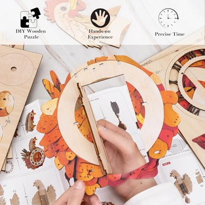 3D Puzzles for Adults, Wooden Chicken Puzzle, DIY Hen Wall Clock Craft - color: Retro Hen