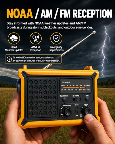 Emergency Radio with Hand Crank & Solar, NOAA Weather Band, AM/FM, 12000mAh - color: Yellow + Black