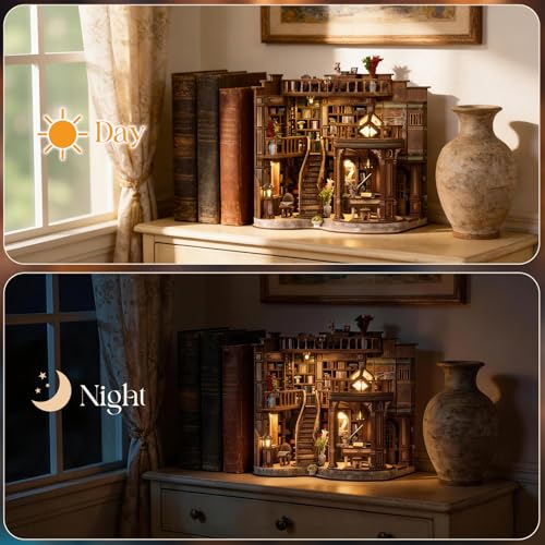 DIY Book Nook Kit, 3D Wooden Puzzle Miniature Booknook Bookend Bookshelf Decor with LED Light,Cherry Blossom Bookstore Bookshelf Insert Booknook, Book Nook Kits for Adults