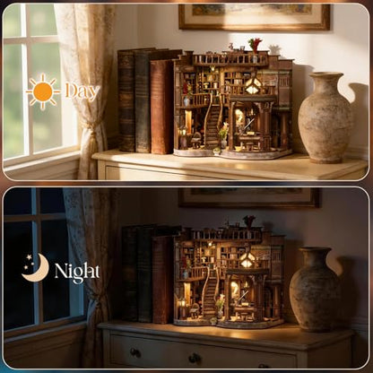 DIY Book Nook Kit, 3D Wooden Puzzle Miniature Booknook Bookend Bookshelf Decor with LED Light,Cherry Blossom Bookstore Bookshelf Insert Booknook, Book Nook Kits for Adults