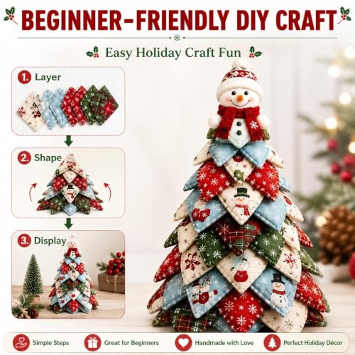 DIY Halloween Christmas Quilted Fabric Tree Kit, 3D Padded Patchwork Sewing Craft Kit for Beginners, Home Office Mantel Shelf Tabletop Decor, Handmade Holiday Gift for Craft Lovers (Christmas #F)