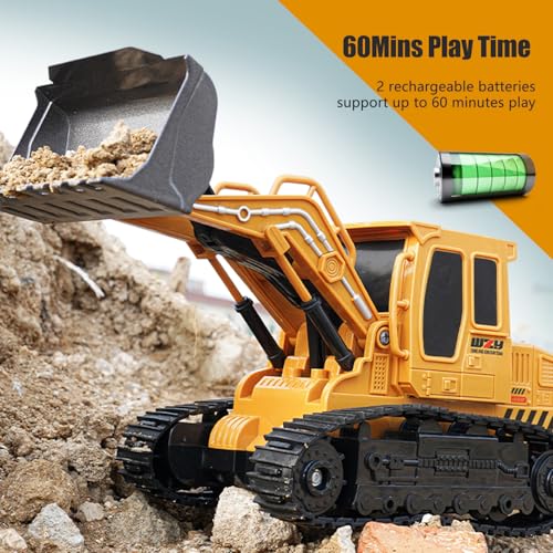 Jiakora Remote Control Front Loader - Metal Shovel, LED Working Lights, Music & 2 Rechargeable Batteries, Construction Toys for Boys Age 4 5 6 7 8 Birthday Gift - style: Front Loader