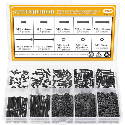705 Pieces M2 Screws Nuts Washers Set Black, Sutemribor M2 x 4/6/8/10/12/16/20mm Button Head Socket Cap Screws Nuts Washers Assortment Kit, 10.9 Grade Alloy Steel, Fully Threaded - size: M2 x 4/6/8/10/12/16/20mm Kit, style: Button Head
