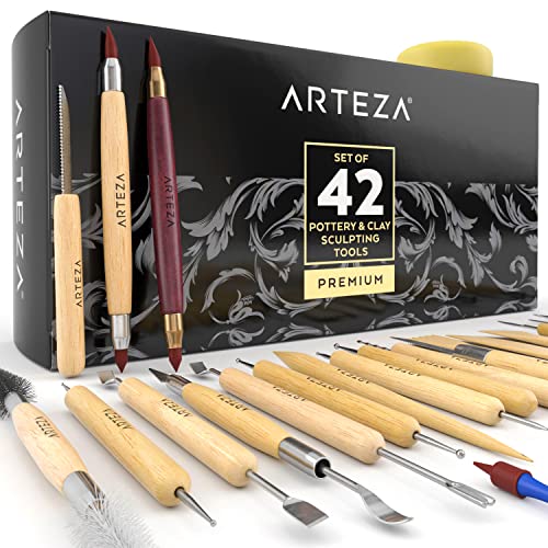 Arteza Pottery & Polymer Clay Tools, 42-Piece Sculpting Set, Steel Tip Tools with Wooden Handles, for Pottery Modeling, Smoothing, Carving & Ceramics - size: Set of 42