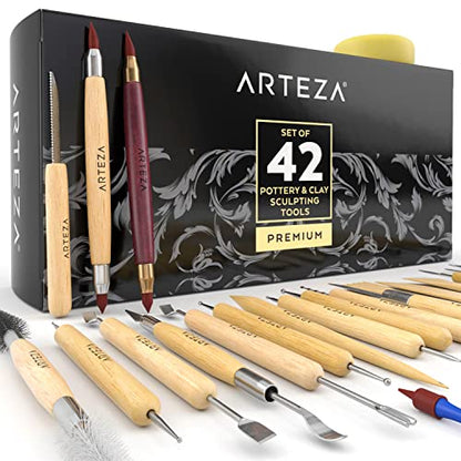 Arteza Pottery & Polymer Clay Tools, 42-Piece Sculpting Set, Steel Tip Tools with Wooden Handles, for Pottery Modeling, Smoothing, Carving & Ceramics - size: Set of 42
