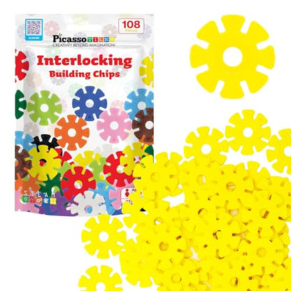 PicassoTiles Building Chip Interlocking Disc Construction Blocks in Yellow Color STEM Learning Early Education Toy Engineering Playset Child Brain Development for Toddlers Girls Boys Kid Age 3+ PTF108 - color: Ylw