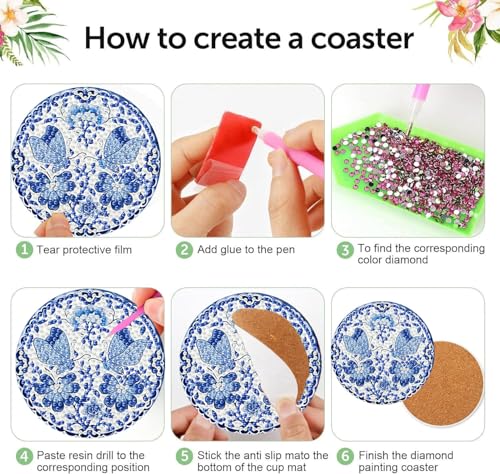 6 Pack Diamond Art Coasters Kits for Adults - Diamond Painting Coasters Kit - color: Blue Flower