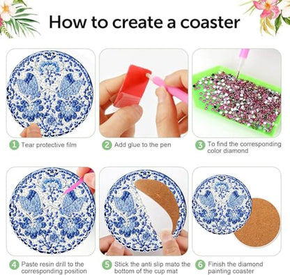 6 Pack Diamond Art Coasters Kits for Adults - Diamond Painting Coasters Kit - color: Blue Flower