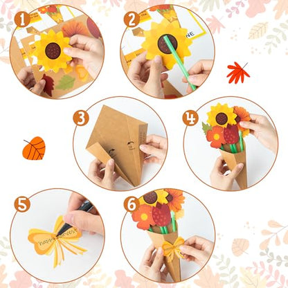 BeYumi Fall Flower Bouquet Craft - 24Pcs Fall Flower Bouquet Craft Kit for Kids Make Your Own Thankful Florals Kit Autumn Thanksgiving Appreciation DIY Gift Set School Classroom Home Fun Activities