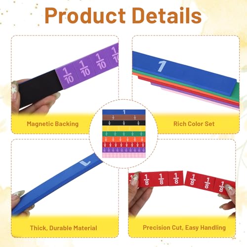 51 PCS Magnetic Fraction Tiles, Fraction Bars Set Rainbow Math Manipulatives for Fraction Learning Math Practice Teacher Must Haves - size: Fraction Pieces Square