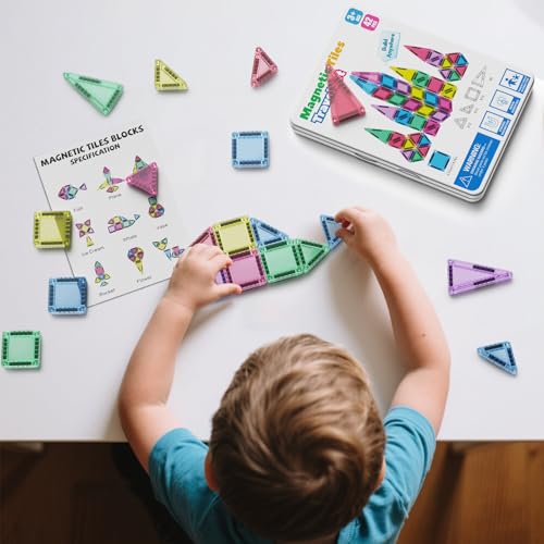 42PCS Mini Magnetic Tiles Travel Set with Iron Storage Box - Portable STEM Building Blocks for Kids 3-8, Montessori Educational Magnet Toys for Airplane, Car Rides & On-The-Go Play - size: Mini