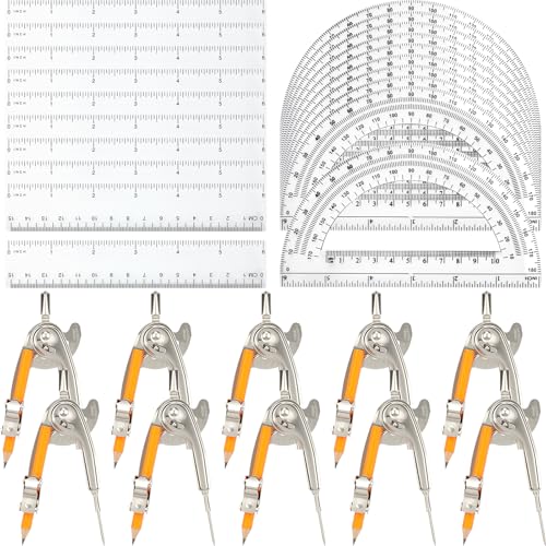 40 Pieces Geometry Math Set Compass for Geometry Math Compass and Protractor Set Include Metal Compass with Pencil Plastic Ruler and Protractor for Student School Office Woodworking Drawing Tools