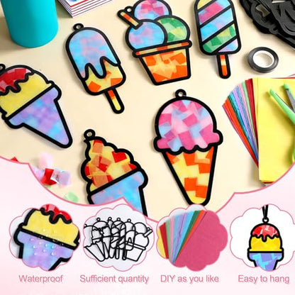Qyeahkj 36 Set Ice Cream Suncatchers Crafts for DIY Dessert Window Tissue Paper Crafts Kit Summer Sweet Suncatcher Hanging Decor for Summer Home Activity Art Project Birthday Party Favor Gift - style: Ice Cream
