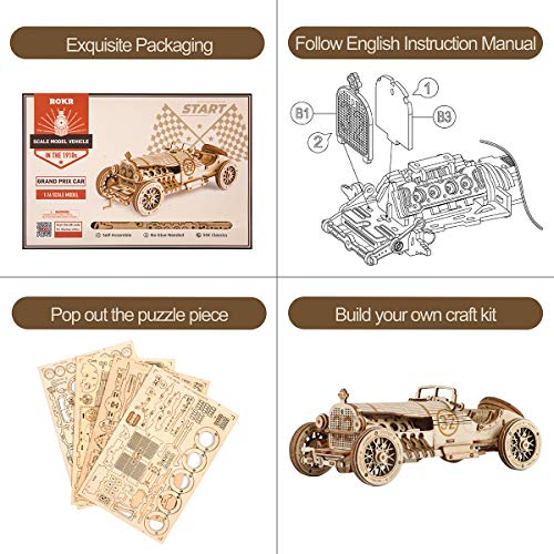 ROKR 3D Wooden Puzzle for Adults-Mechanical Car Model Kits-Brain Teaser Puzzles-Vehicle Building Kits-Unique Gift for Adults on Birthday/Christmas Day(1:16 Scale)(MC401-Grand Prix Car)