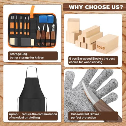 39 Pcs DIY Wood Carving Kit, 9 Basswood Blocks Carving Knives Storage Bag - color: Dark Brown-m