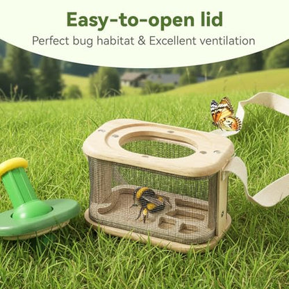 Wooden Bug Catcher for Kids, 360° Rotating Magnifier, Insect Explorer kit, with Bug Habitat, Butterfly Net, Bug Tongs, 10 Insect Cards, Montessori STEM Nature Toy for Outdoor