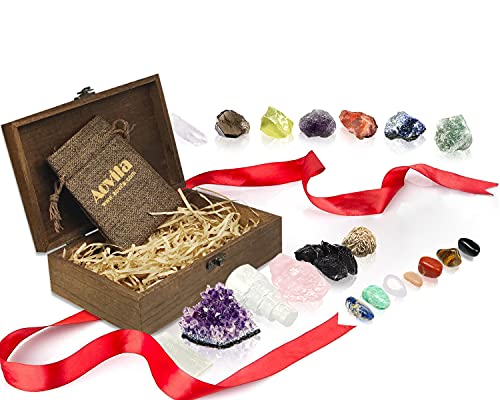 Premium Crystals and Healing Stones Set in Wooden Box Healing Crystals Set for Beginners - Chakra Stones Raw Crystals and Stones Amethyst Cluster Rose Quartz e-Book Healing Crystal Gifts for Women