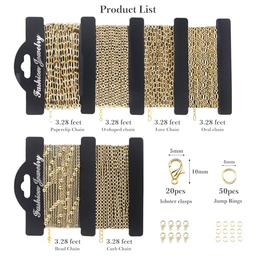 14k Gold Necklace Chains for Jewelry Making, Total 20 Feet 6 Rolls Bracelet Chains for DIY, 3.3 Feet Each Style, 14K Gold Plated Chain with Jump Rings/Lobster Clasps/Connectors - color: Gold 14k 20 Feet 6 Rolls