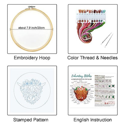 Louise Maelys Highland Cow Stamped Embroidery Kit Floral DIY Craft - color: kit-17