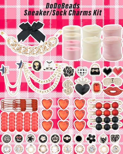 DoDoBeads 93 Pcs Shoe Charms for Sneakers, Junk Sock Charm Kit with Red & Black Charms and Satin/Lace Shoelaces, Sneaker Charm for Women, Cute Shoelace Accessories, DIY Sock/Shoe Decorations - style: Rock Glam