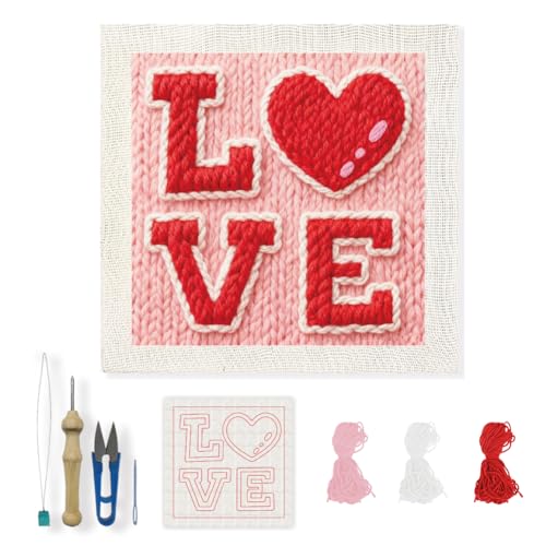 INFUNLY Red Love Punch Needle Kit Passionate Love DIY Embroidery Punch Needle Set for Adults Square 9.4" Punches Stitching Starter Kits with Easy to Follow Instructions Yarns Festival Gift Home Decor - style: Red Love