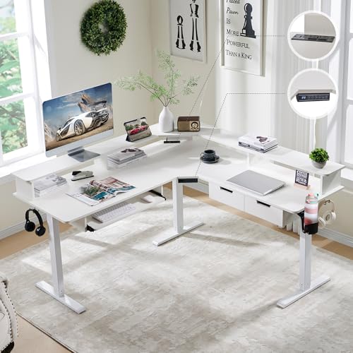 RedLemon 60 Inches L Shaped Electric Standing Desk 2 Tier, Antique White - color: Antique White, size: 60"X60"