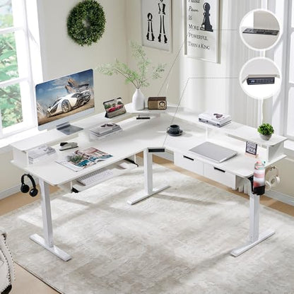 RedLemon 60 Inches L Shaped Electric Standing Desk 2 Tier, Antique White - color: Antique White, size: 60"X60"