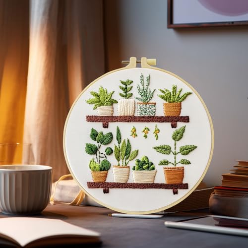JOZYSH Full Range Embroidery Kit for Adult, Green Plant Pattern Embroidery Kit for Beginners Include Embroidery Cloth Hoops Threads for Craft Lover Hand Stitch with Embroidery Skill Techniques - color: Green plants