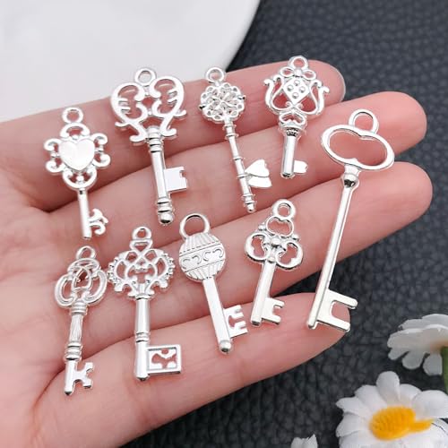 WOCRAFT 60pcs Bright Silver Small Key Charms Bracelet Charms for Jewelry Making Sets DIY Necklace Bracelet Keychain Crafting Charms Kit Craft Supplies (SN926) - color: Bright Silver, size: Small Key Charms