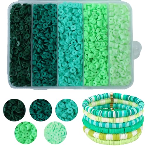 3500pcs Green Clay Beads for Bracelets Making 6mm Heishi Beads Polymer Flat Round Disc Clay for Jewelry Making Green Bead Crafts - color: Green