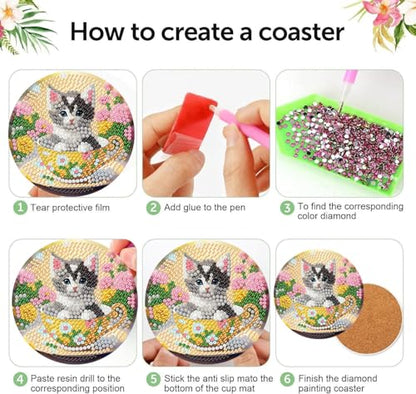 8 Pack Diamond Art Coasters Kits - Cute Cat Diamond Painting Coasters - color: Cute Cat