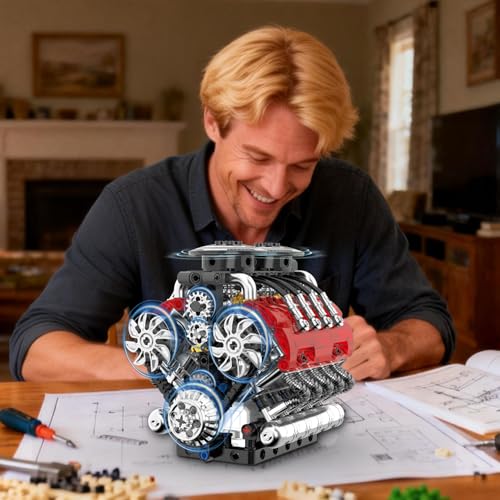 V8 Engine Model Kit That Runs - Twin-Turbo Engine Motor Building Block Sets, Motorized With Moving Pistons, Crankshaft & Rotating Fan, Best Stem Build Toy Gifts for Adults Kids Age 8+, 548 Pcs